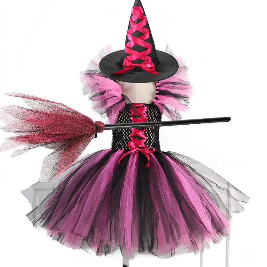 2 Pieces Witch Tutu Dress with Hat Girls All Saint's Day Bruja Wizard Costume Role Play Toddler Halloween Party Fairy Witch Gown