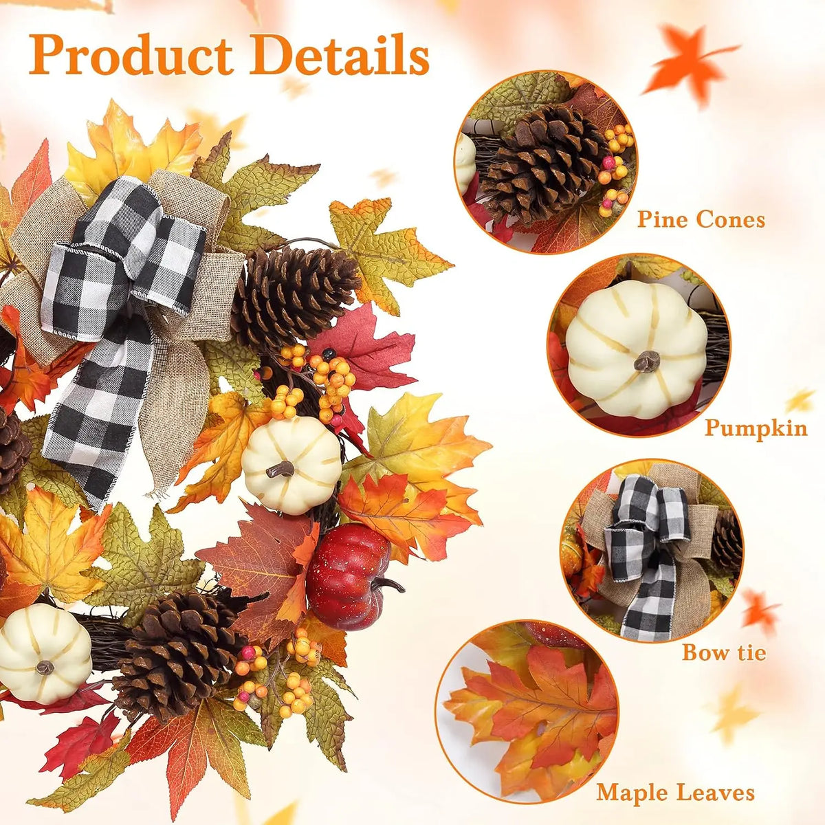 Garvee 20Inch Halloween Pumpkins Fall Wreath Artificial Flower Wreath for Front Door Outside Fall Decorations for Home Large Autumn Wreath with Bow Pumpkin Thanksgiving