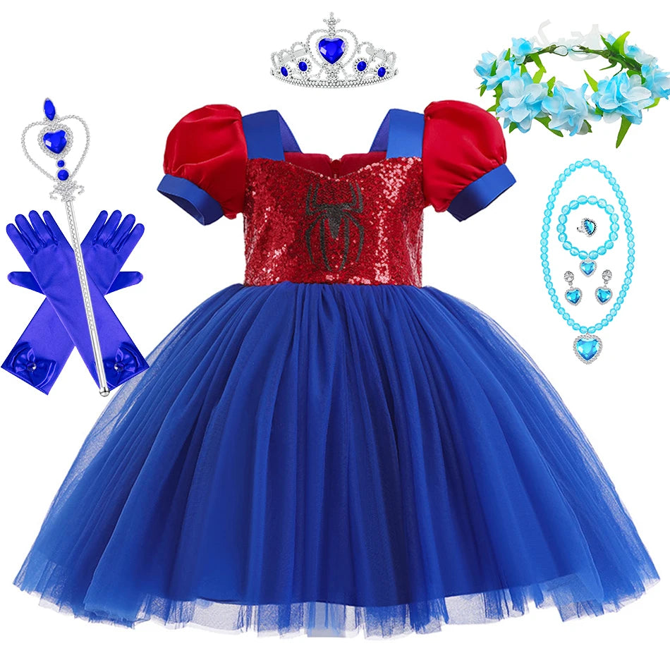 Little Girls Spider Print Dress Kids Sequins Tulle Frocks Children Halloween Theme Party Costume Summer Birthday Surprise Gift