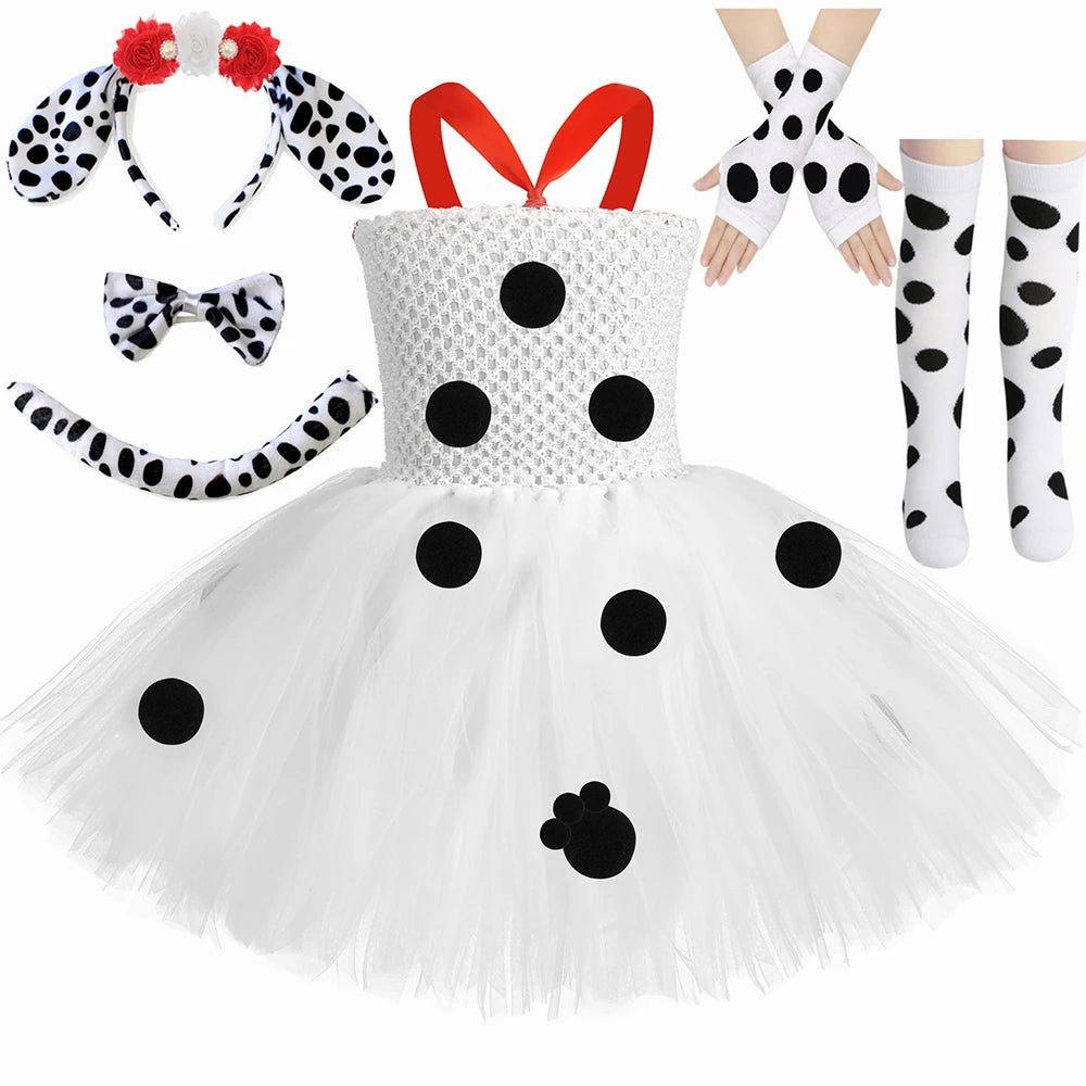 Toddler Girls Dalmatian Dog Costume Polka Dot Spotted Puppy Tutu Dress 101 Dalmatians Costume for Kids Halloween Party Dress Up