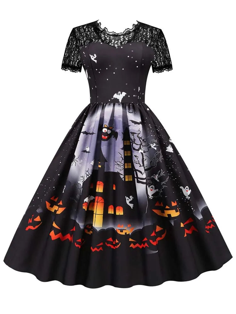 Women's Vintage Lace Halloween Dress Short Sleeve Elegant Evening Prom Costume 50s 60s Party Vintage Style