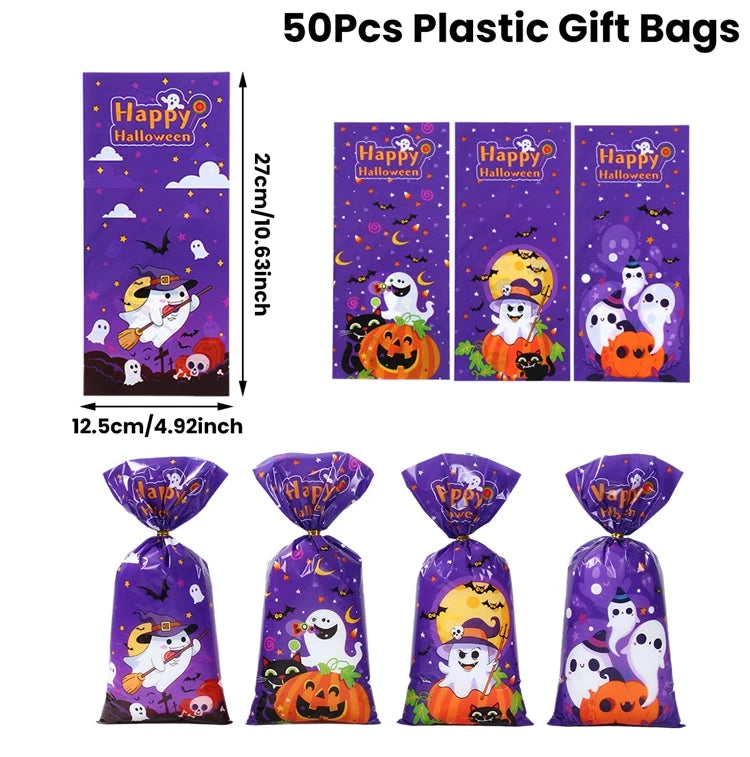 50Pcs Pumpkin Halloween Candy Bag Happy Halloween Party Decorations Kid Favors Gift Trick or Treat Candy Cookie Spider Ghost Bag