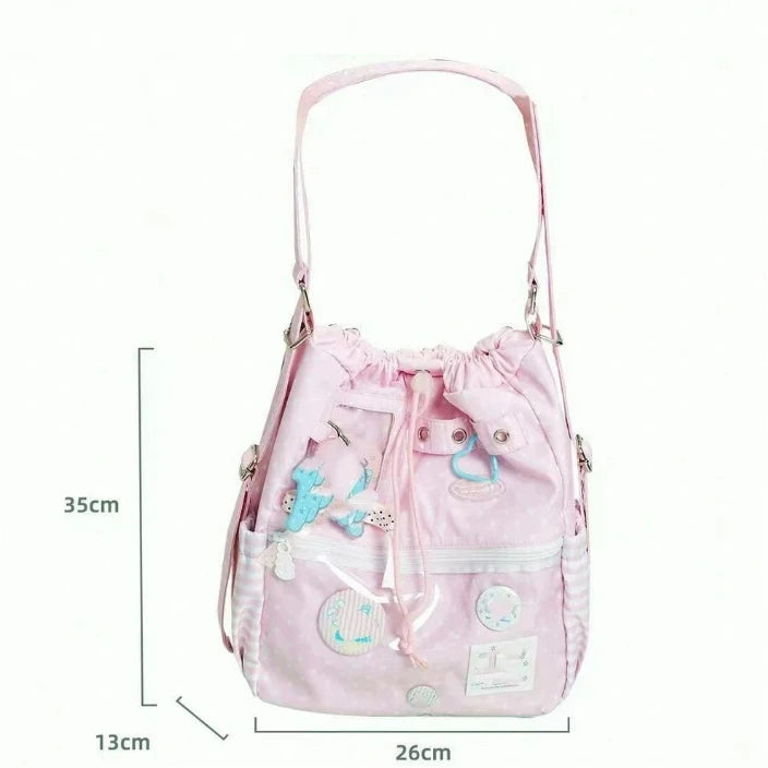 Girls Sweet and Cute Polka Dot Backpack Ita Bag New Large Capacity Single Shoulder Bag Dolls Bag Drawstring Commuter Backpack