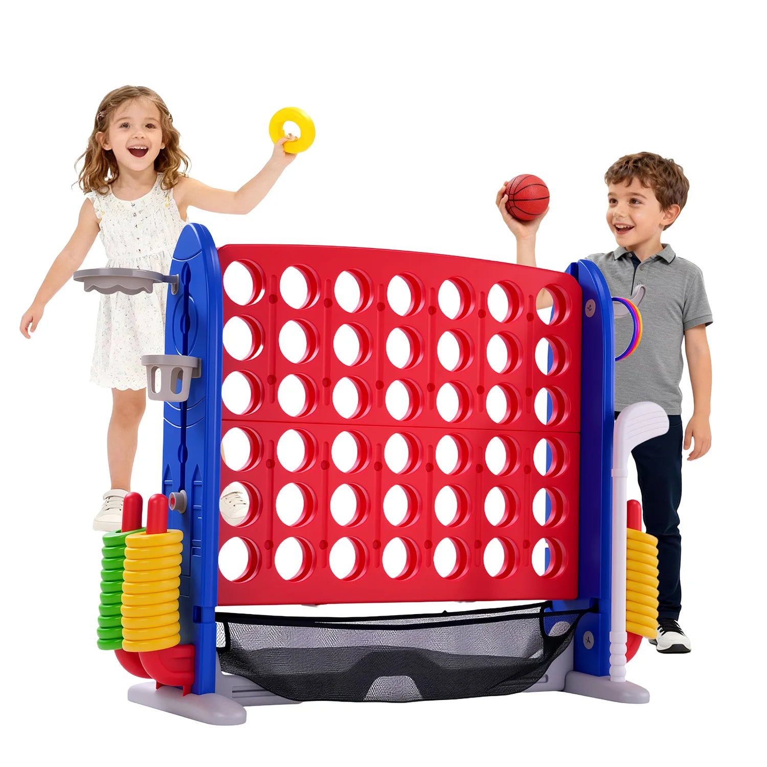 4-in-1 Giant Outdoor Game Set | Connect, Basketball, Ring Toss & Net