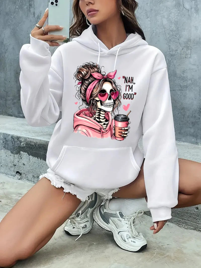 Hoodie Halloween Skull Portrait Skeleton Graphic Print Long Sleeve Sweatshirt Clothing Vintage 2000s Hoody Autumn Winter