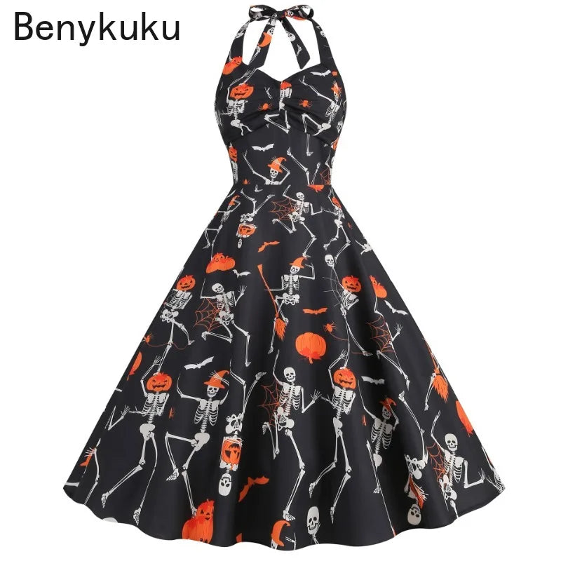 Halloween Costumes for Women Skull Print Halter Dress Sleeveless Tunic Vintage Party Dresses Goth Clothes Masquerade Vestidos