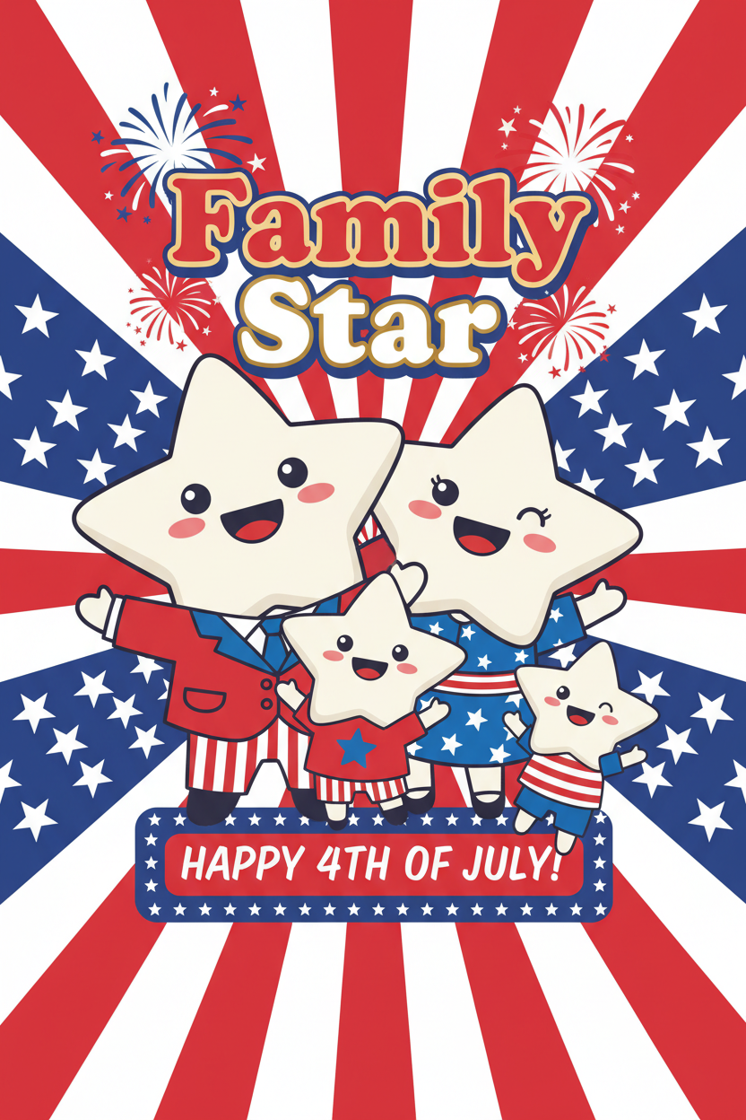 4th of July Family Star phone wallpaper featuring a family of star characters in patriotic outfits